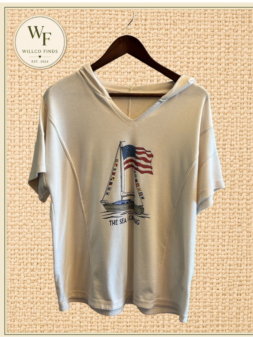 Cream Nautical Sailboat Short Sleeve Hoodie The Sea Is Calling Coastal Top